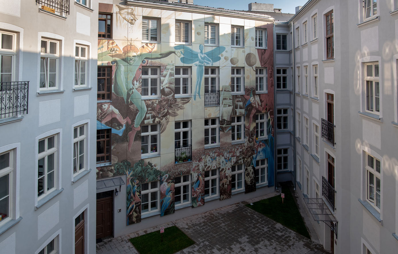 Townhouse elevation featuring The Birth of the Day by Wojciech Siudmak