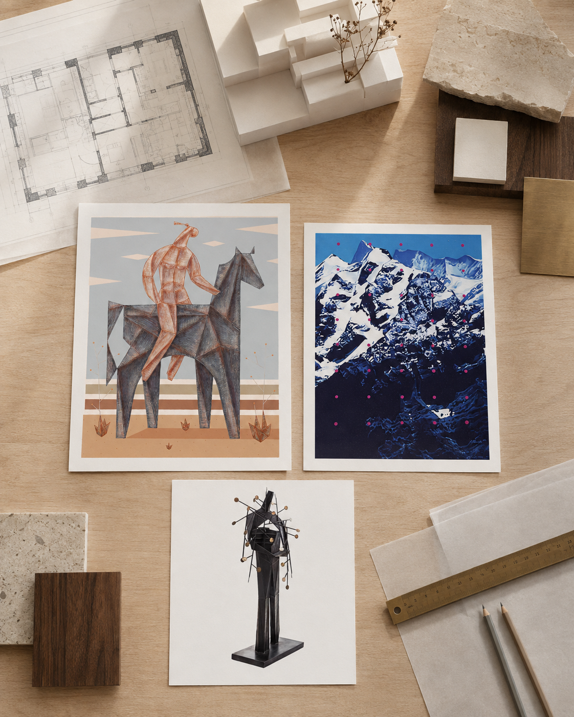 Curatorial project table with artworks by Aleksandra Prusinowska and Adam Bakalarz, architectural plans, model and material samples