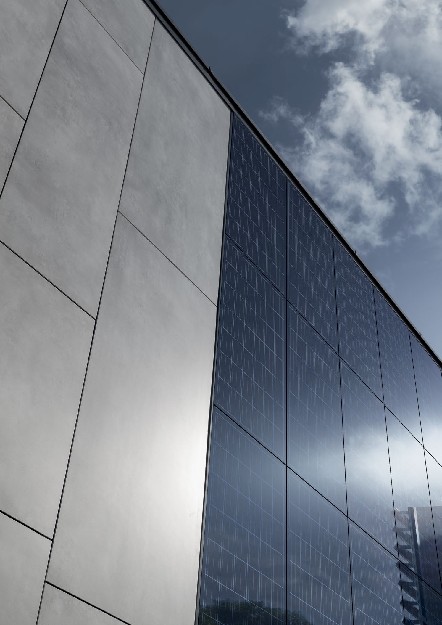 Office facade integrating large-format porcelain with photovoltaic panels